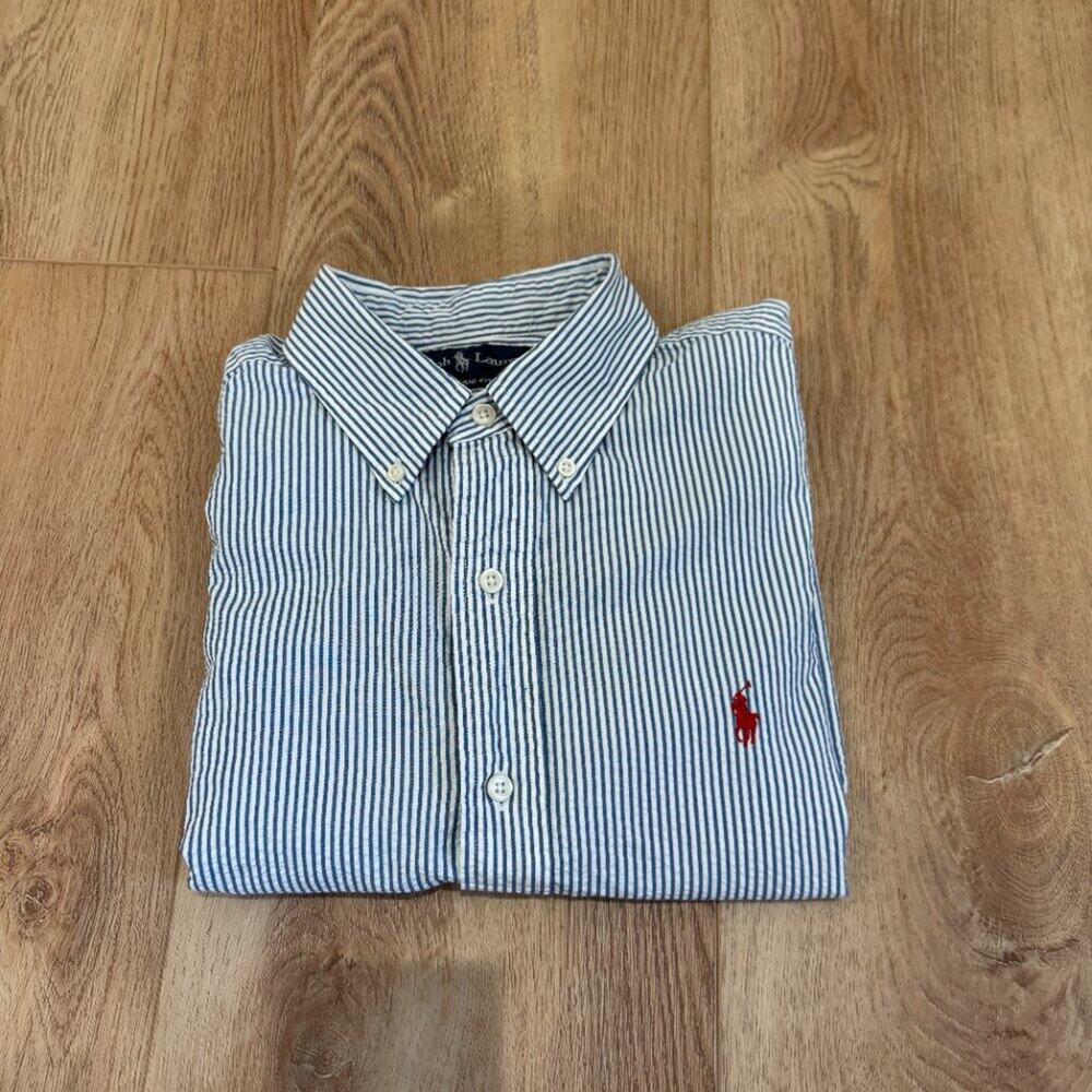 Ralph Lauren Short Sleeve Seersucker Button-Up Shirt Blue White Stripe Size Med